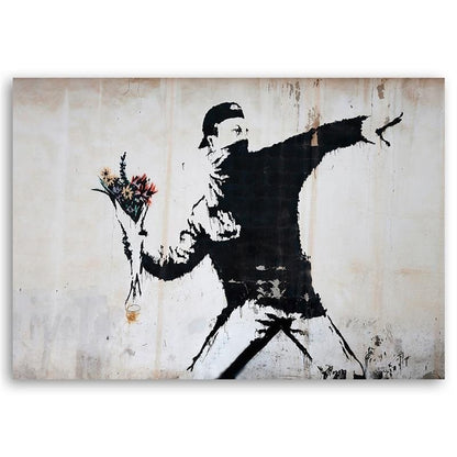 Obraz na płótnie CANVAS Banksy Chuligan rzucający bukietem kwiatów 70x100cm
